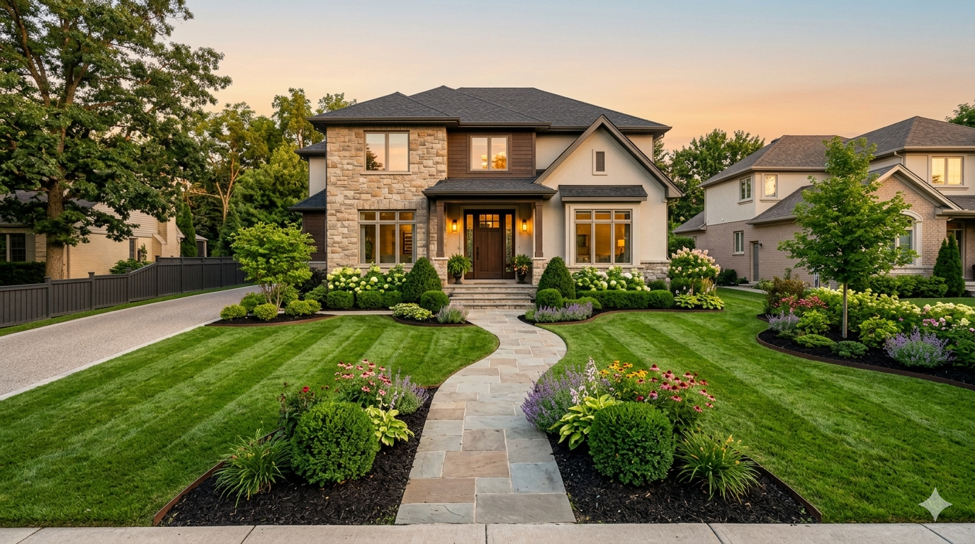 Beautifully maintained home landscape at dusk